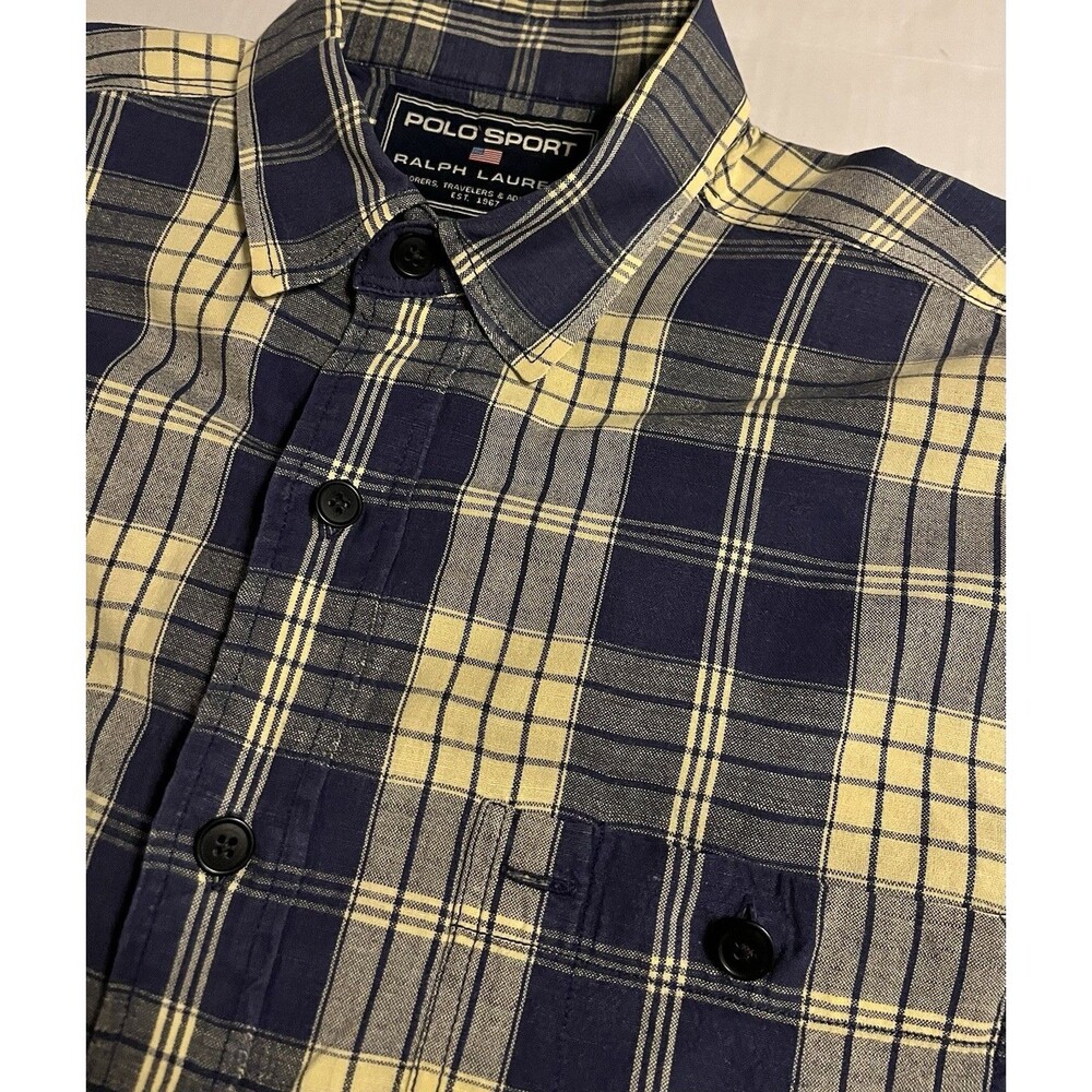 Ralph Lauren Polo Sport VTG Linen Cotton Plaid Button Short Sleeve Shirt MEDIUM